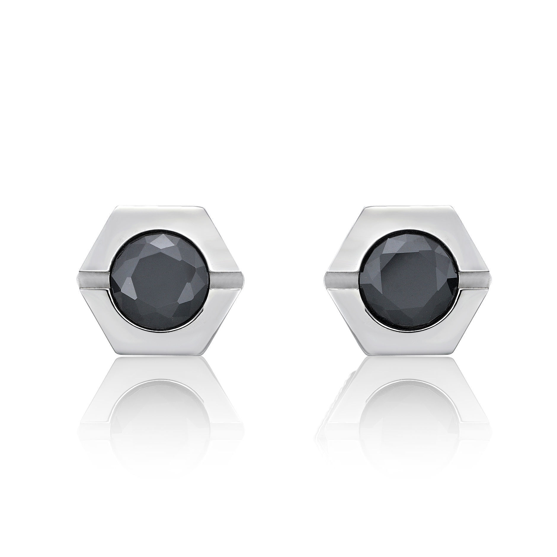 Men's Round Black Cubic Zirconia Stainless Steel Hexagon Stud Earrings - 9MM with Friction Back (Pair) | Metro Jewelry