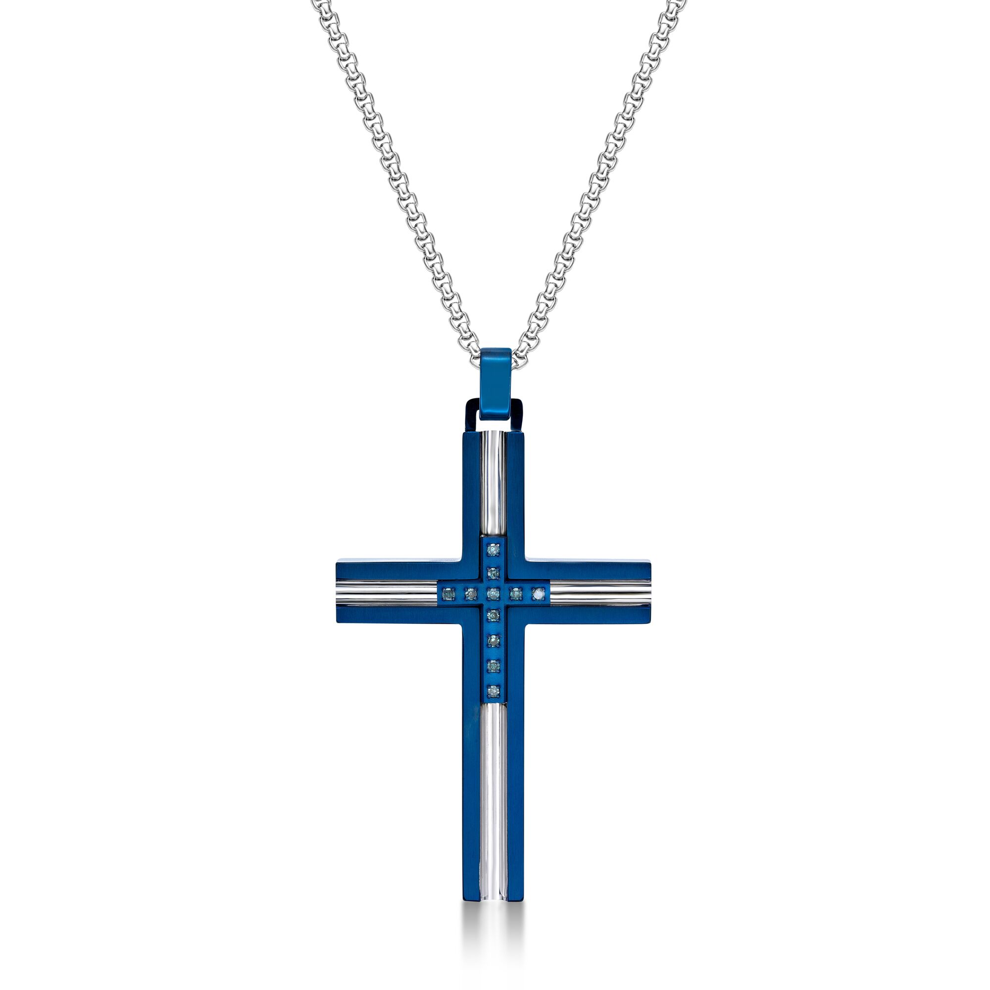 Men's Blue Ion Plated Stainless Steel Cross Pendant with 0.08 Blue Diamond - 24 Inch Round Box Chain | Metro Jewelry