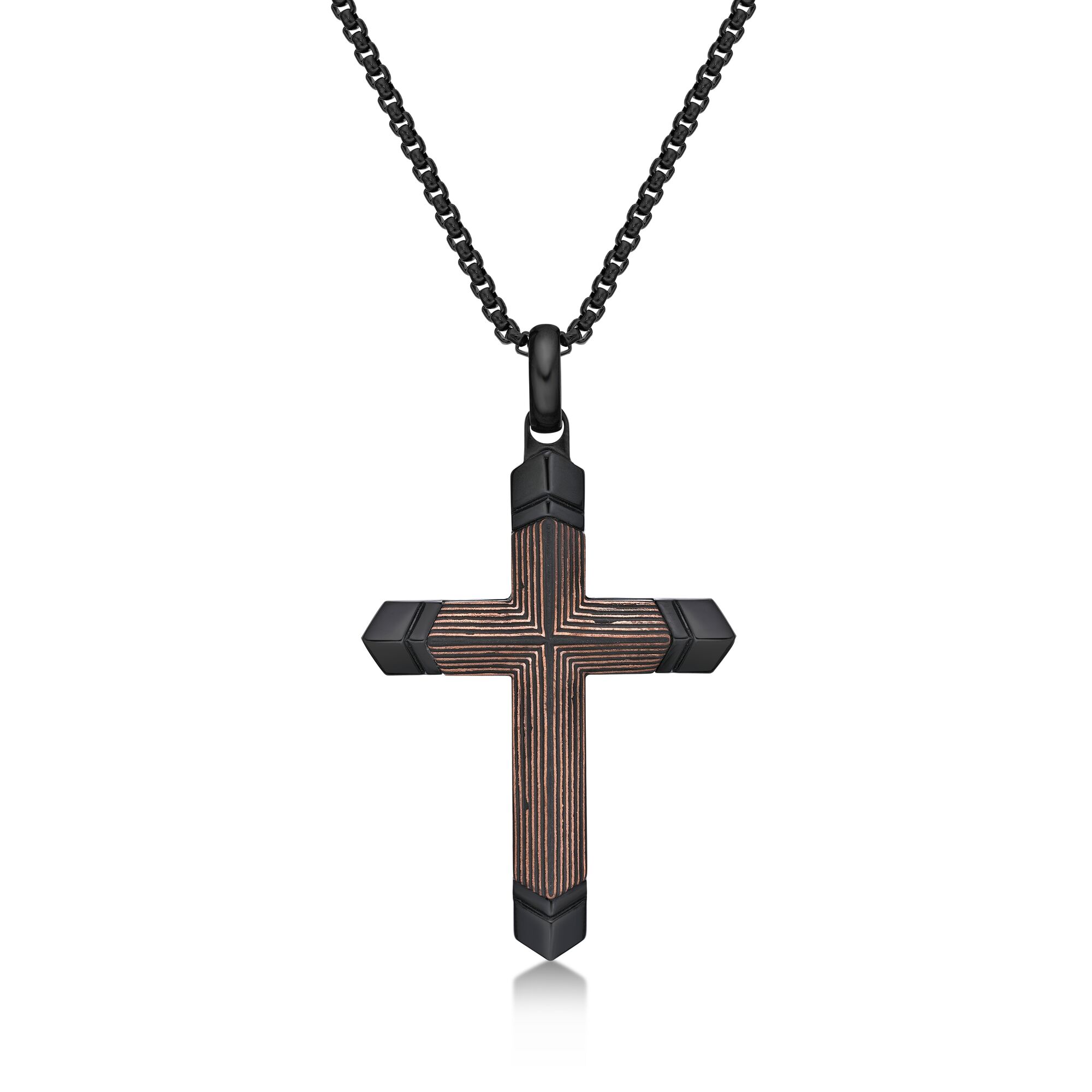 Stainless Steel Carbon Black Ion Plated Cross Pendant with Fiber and Copper Foil - 24 Inch Round Box Chain  | Metro Jewelry