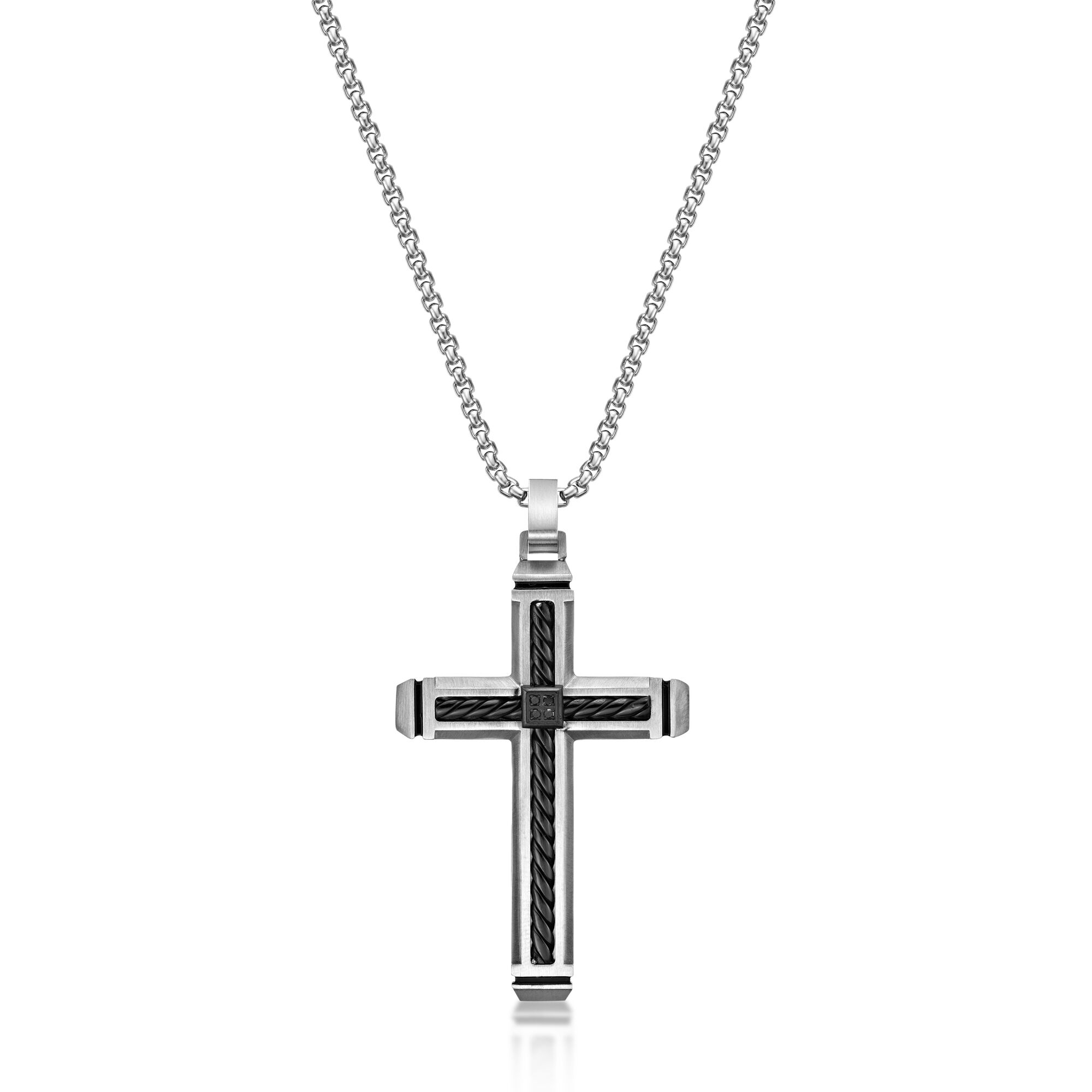 Stainless Steel Black Ion Plated Cross Pendant with Black Diamonds, 0.02 Cttw - 24 Inch Round Box Chain | Metro Jewelry