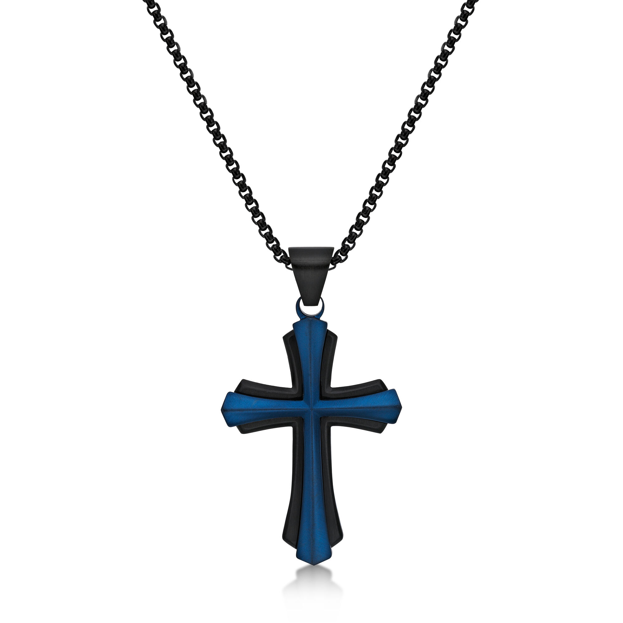 Stainless Steel Black and Blue Ion Plated Cross Pendant - 24 Inch Round Box Chain | Metro Jewelry