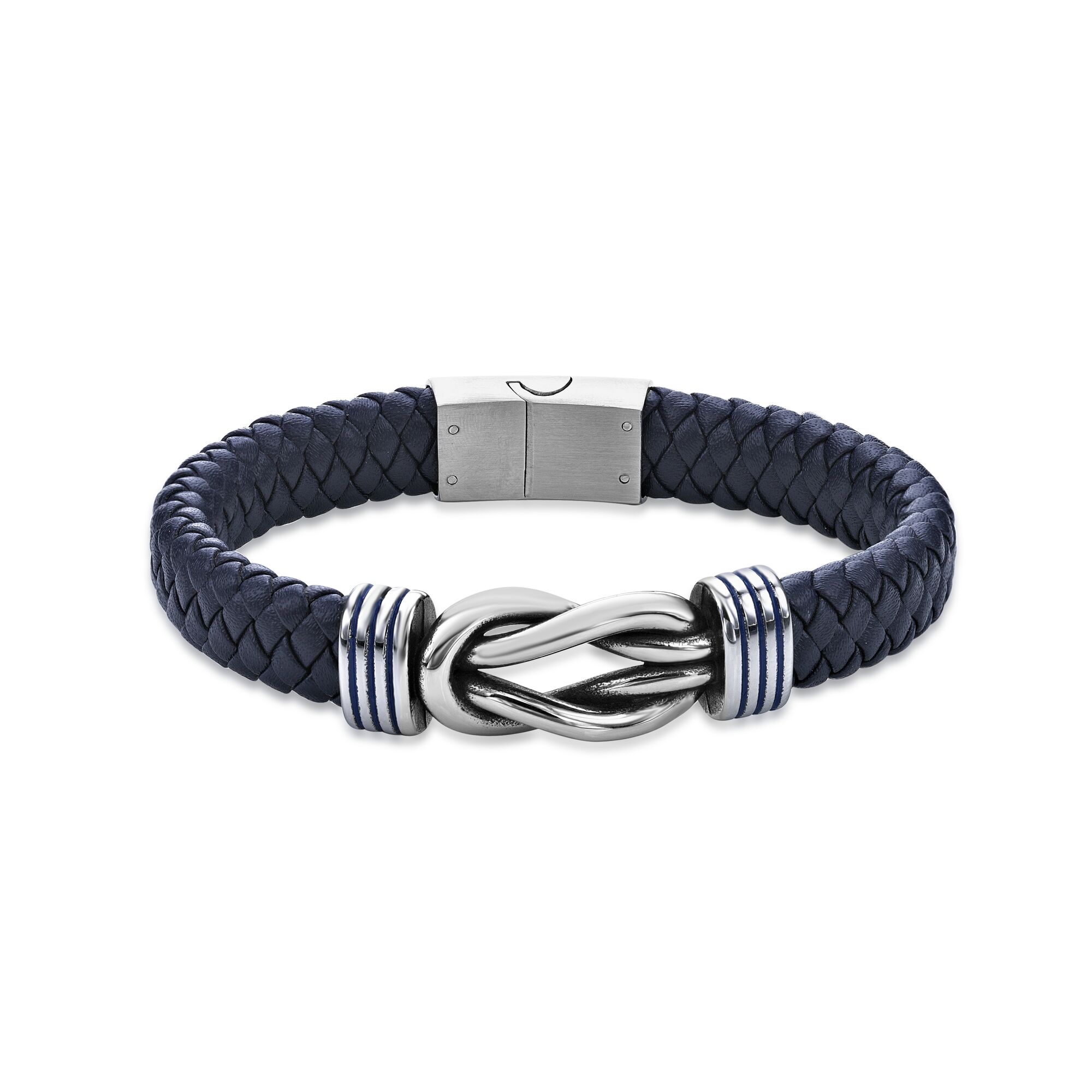 Men's Stainless Steel and Navy Blue Leather Bracelet with Blue Res | Metro Jewelry