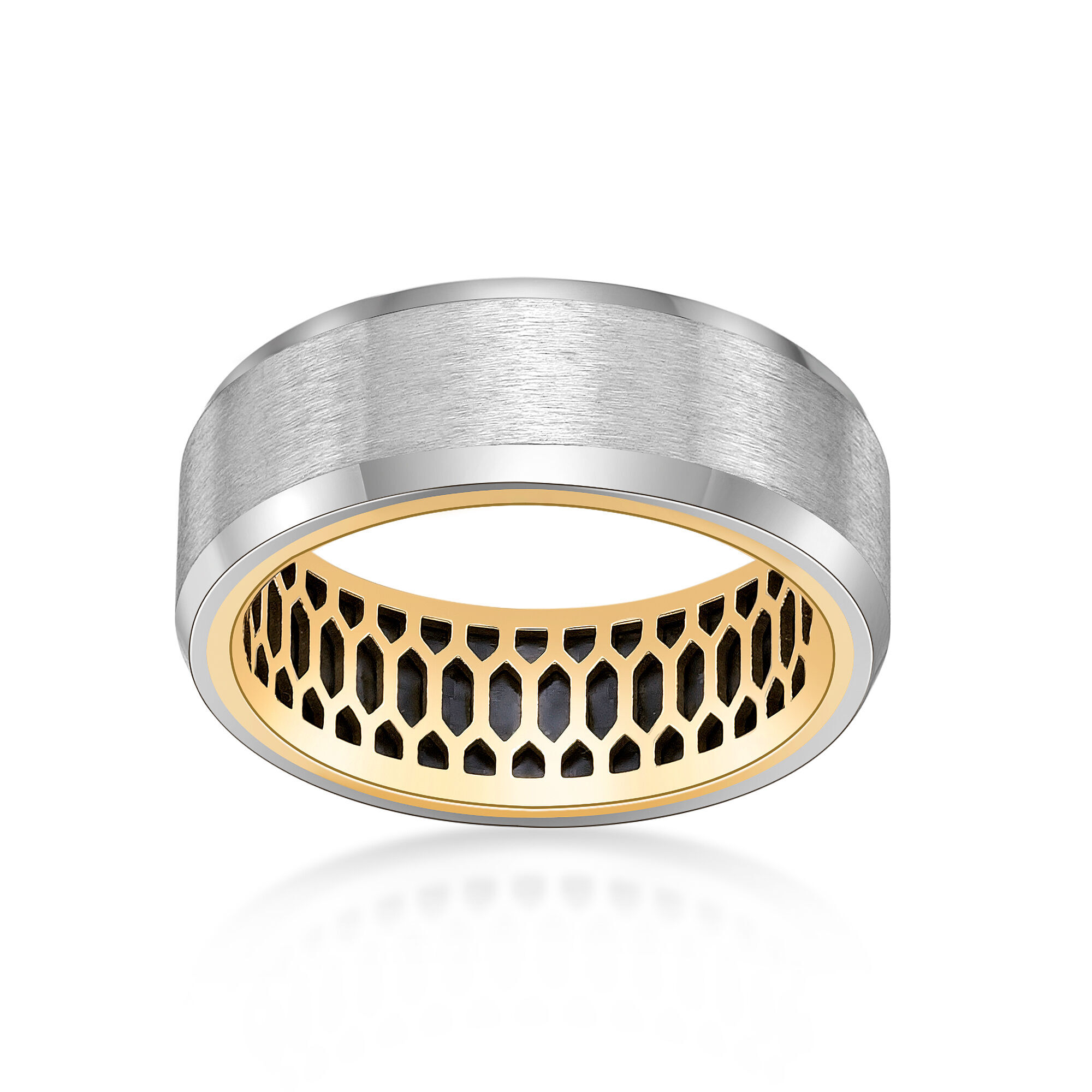 Men's 8MM Stainless with Black Carbon Fiber Sheet Inlay and Gold Ion Plated   | Metro Jewelry